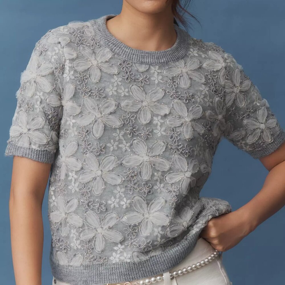 NWT Anthropologie 3D Floral Embellished Sweater Tee